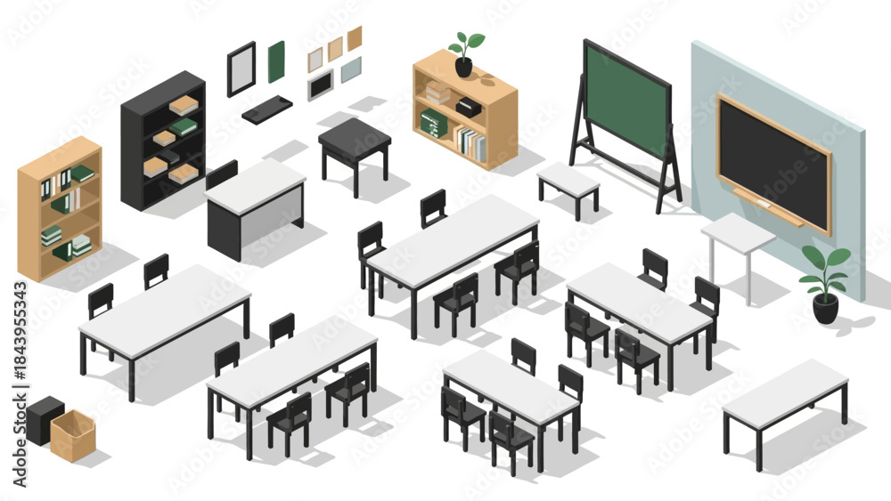 Obraz premium Modern classroom furniture set in isometric style with desks, chairs, and chalkboard
