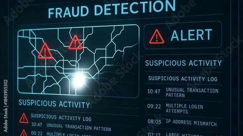 Digital display showing fraud detection alerts and suspicious activity logs with warning symbols for cybersecurity monitoring.