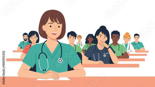 Diverse group of medical students in classroom setting with stethoscopes