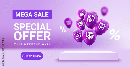 Sale discount promotion offer ecommerce marketing banner. Balloons percentage symbols purple background retail advertising campaign