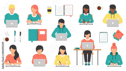 Diverse students engaged in study activities with laptops and notebooks