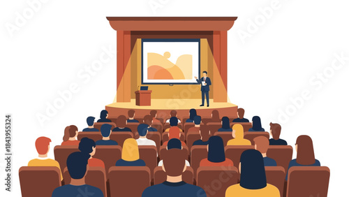 Business seminar with speaker on stage in conference hall with audience