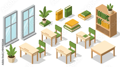 Isometric classroom elements with desks, chairs, books, and plants for creative design projects