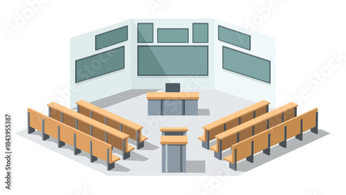 Lecture hall interior with isometric design and modern classroom furniture