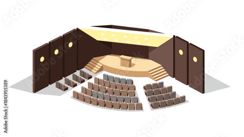 Isometric theater stage with seating and minimalist design elements