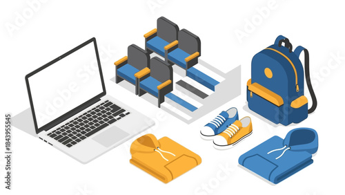 Isometric school essentials set: laptop, backpack, and clothing items