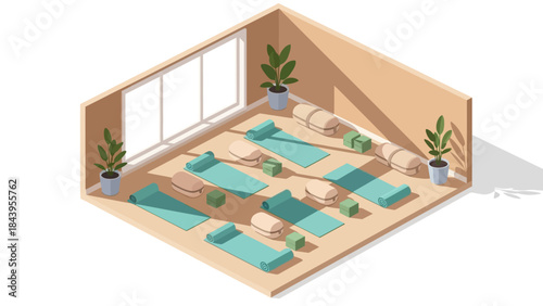 Isometric yoga studio interior with mats and plants in a minimalist design
