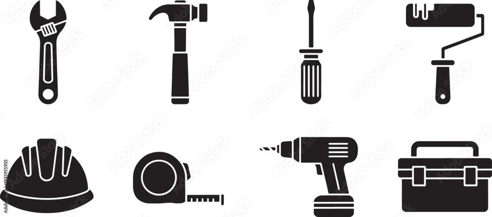 Obraz premium Various construction tools including wrench hammer screwdriver paint roller hard hat tape measure drill and toolbox are displayed simple black silhouette style. These tools are essential