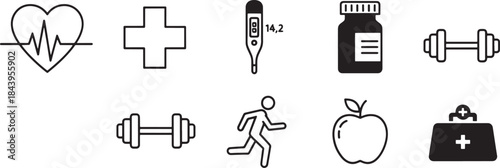 Icons representing health and fitness include heart with pulse line medical cross thermometer medicine bottle dumbbells running figure apple and scale