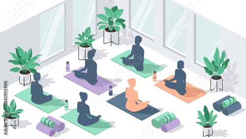 Group yoga class in modern studio with greenery and minimalist design