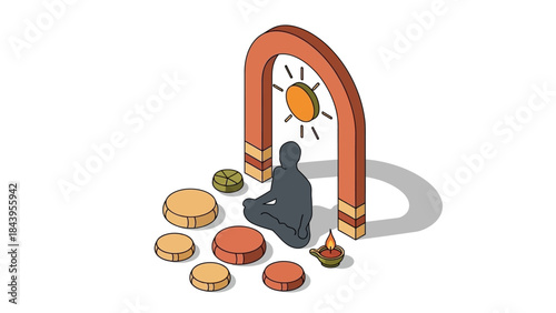 Meditative yoga in sunlit archway: isometric design with minimalist zen ambiance
