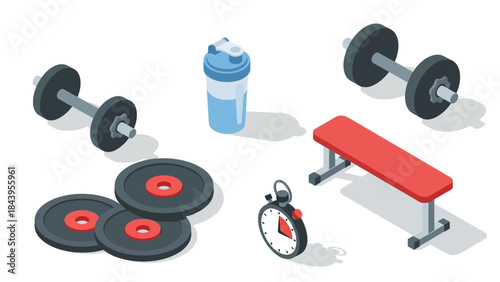 Isometric gym equipment set with dumbbells, barbell plates, bench, stopwatch, and shaker bottle