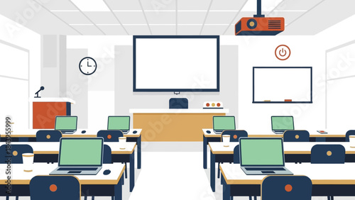 Modern classroom with technology setup and digital learning tools