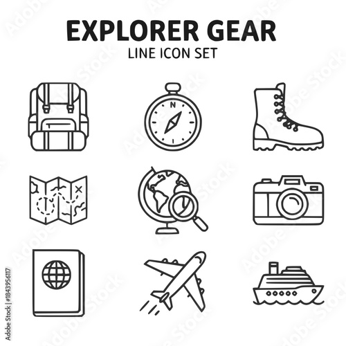 Explorer gear line icon set with backpack compass camera map globe airplane ship passport drawn in minimal outline style representing travel tools and adventure essentials Concept of travel  
