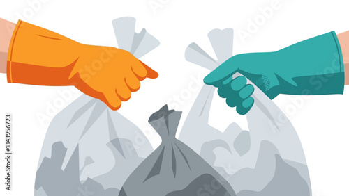 Collaborative waste management: hands in gloves holding trash bags