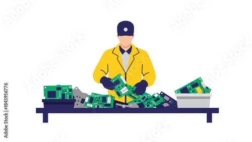 Technician assembling circuit boards in modern flat design workshop