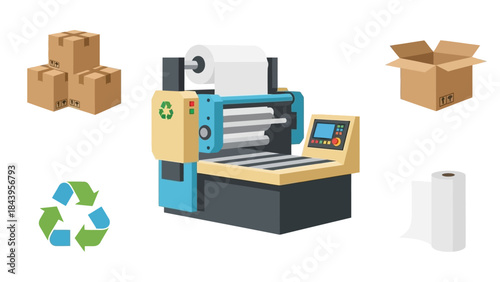 Modern cardboard packaging process featuring printing machine and recycled symbols