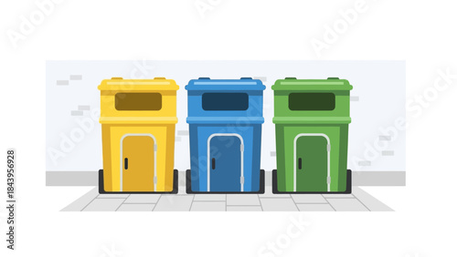 Colorful recycling bins in a row on a clean street