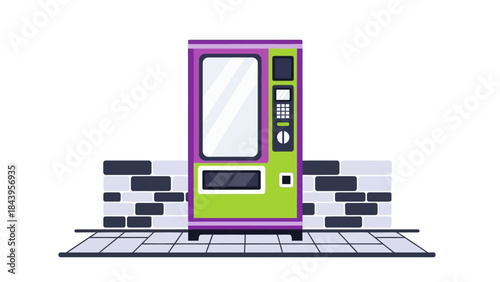 Retro snack vending machine against brick wall in vibrant colors