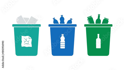 Recycling bins icons for waste management: paper, plastic, glass