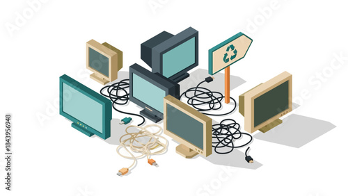 Isometric e-waste awareness: retro monitors and recycle sign