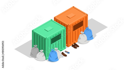 Isometric recycling bins for donations with shoes and bags on white background