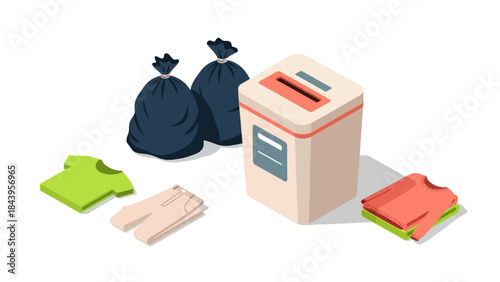 Clothing donation concept with bags and dropoff box in isometric style