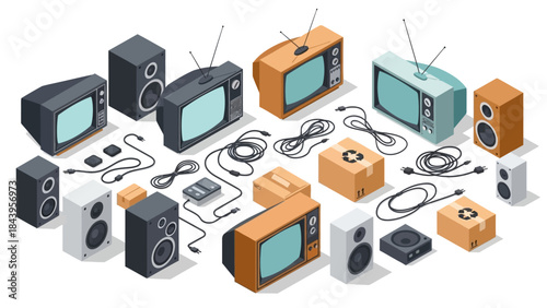 Retro television and audio equipment in isometric style