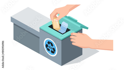 Isometric recycling bin with hand sorting trash for eco-friendly waste management