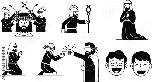 Line art icon set depicting blindfolded kneeling prisoner beheading sequence with executioner raising sword and companion praying plus two smiling face icons isolated black white vector