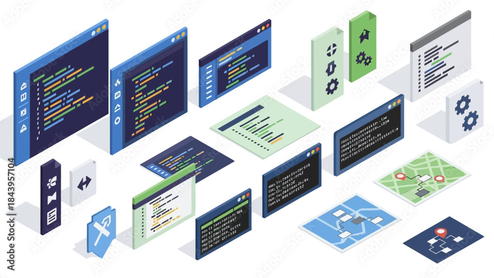 Fototapeta premium Isometric coding and development workflow environment for web and software projects
