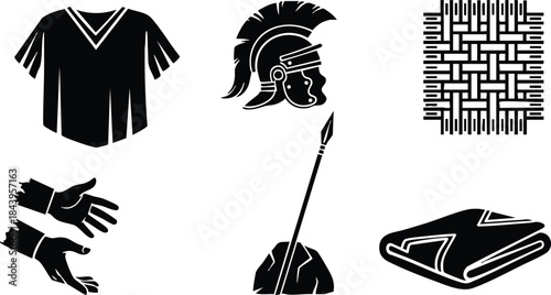 Flat design close up icons of ancient tunic roman helmet woven textile bound hands spear in stone and folded cloak shown in bold black vector set