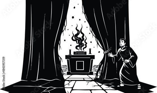 Woodcut style dramatic close up robed figure pulling curtain to reveal smoking brazier on stone altar in dim chapel with high contrast lighting and ominous mood