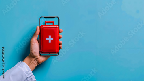First aid kit emergency medical health safety red cross phone case smartphone hand blue wall emergencies preparedness healthcare medical supplies emergent care