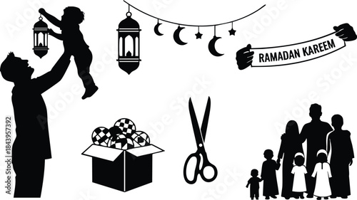 Silhouette vector low angle father lifting child near hanging lanterns crescent banner reading ramadan kareem family group standing box of balls scissors icon composition black silhouettes