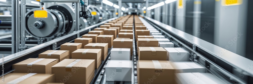 Fototapeta premium Automated conveyor belt system moving cardboard boxes in a modern warehouse facility