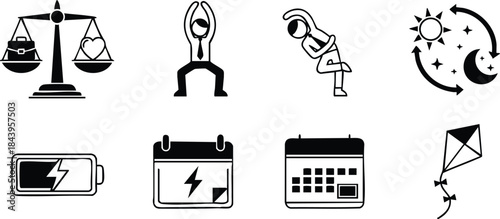 Flat icon set close up black utility and calendar icons scales pliers wrench battery charging date month kite day night cycle simple minimal monochrome vector glyph