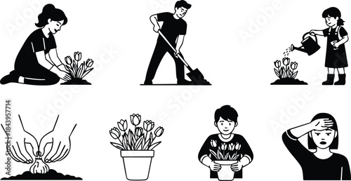 Minimalist icon set side view black silhouettes gardeners adults and children planting watering digging arranging potted tulips garden and container gardening simple high contrast iconography 