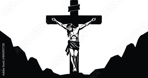 Silhouette vector low angle view crucified figure on wooden cross between rocky hills centered with loincloth crown of thorns high contrast black and white solemn scene