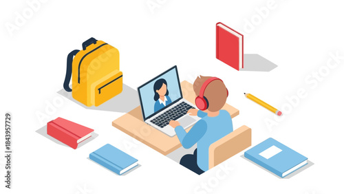 Online learning for kids: isometric classroom with backpack, books, and laptop