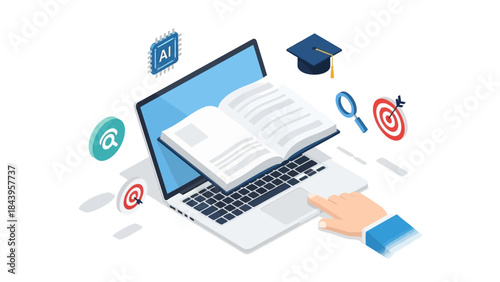 Isometric online learning concept with laptop and educational icons