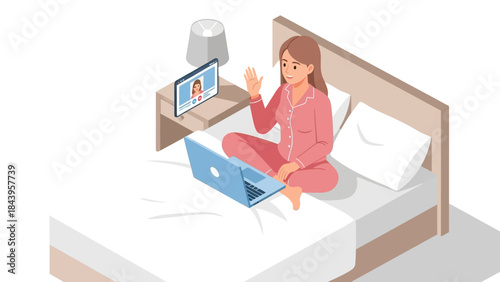 Woman in pink pajamas video chatting with laptop and tablet in cozy bedroom setting