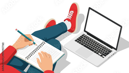 Casual home workspace: person writing in notebook next to laptop