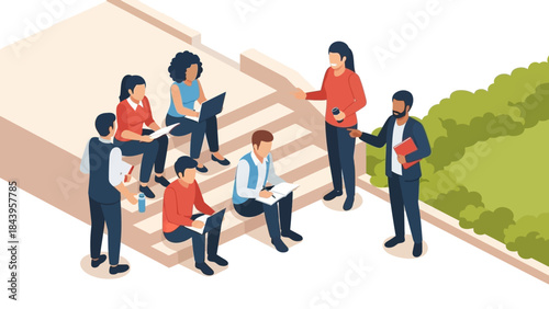 Isometric group collaboration with laptops and notes outdoors