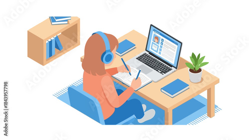 Student studying online with laptop and headphones in modern home office