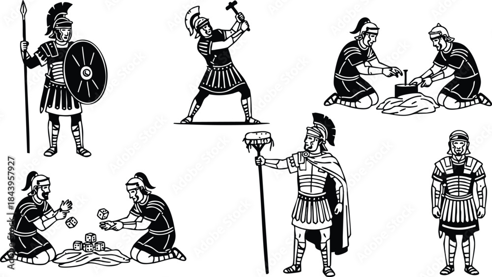 Naklejka premium Line art close up roman legionaries in varied poses standing with spear and shield soldier raising hammer kneeling figures playing dice inspecting map military armor details