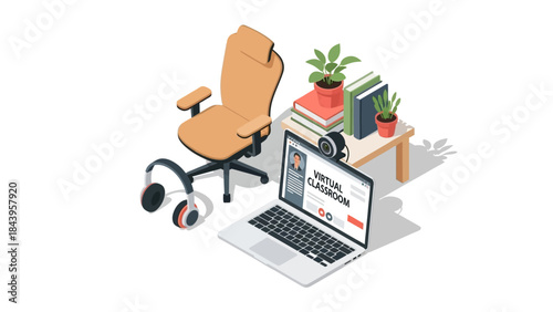 Modern home office setup with laptop and virtual classroom elements