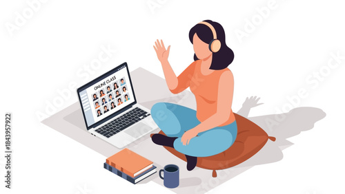 Woman in headphones attends virtual class on laptop, enjoying online learning at home