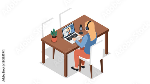 Isometric home office workspace with woman video conferencing on laptop