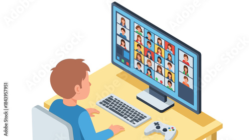 Isometric online meeting with video call interface on desktop